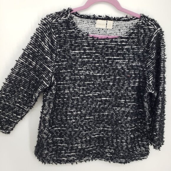 Chico's Metallic Textured Boucle Knit Sweater M Relaxed Boxy Fit  Black White - Picture 4 of 7
